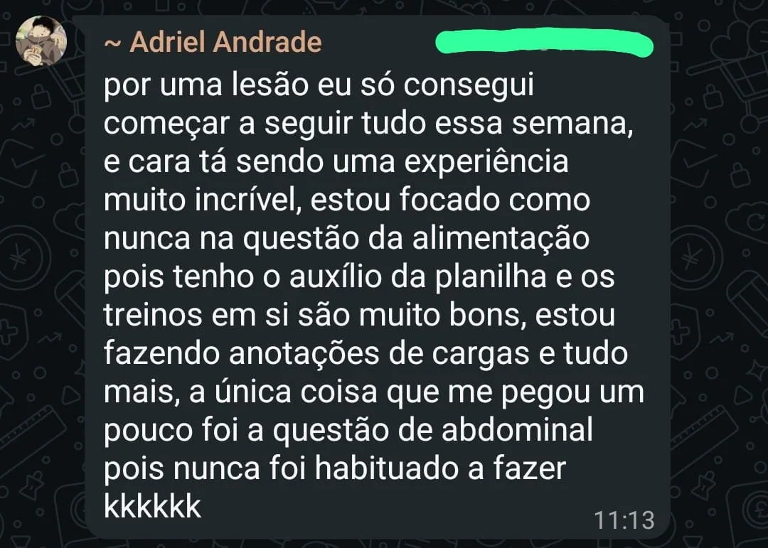 Mensagem de participante contando que está focado como nunca na alimentação