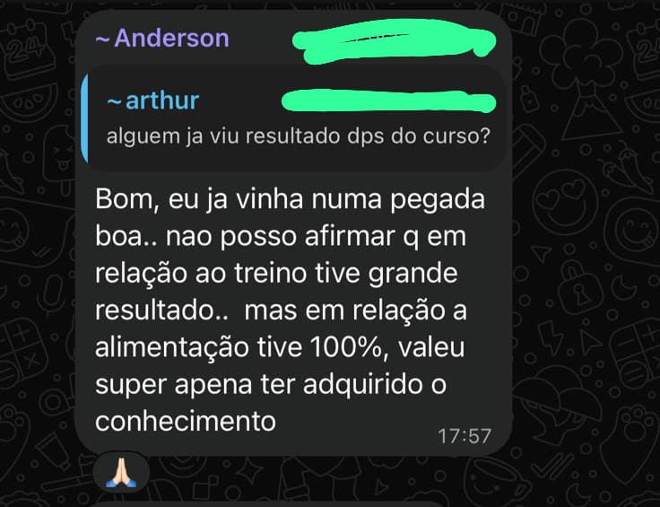 Mensagem de participante dizendo que em relação à alimentação teve 100% de resultado
