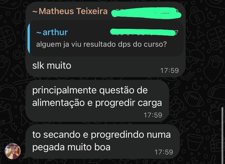Mensagens de participante dizendo que está secando e progredindo, principalmente na alimentação